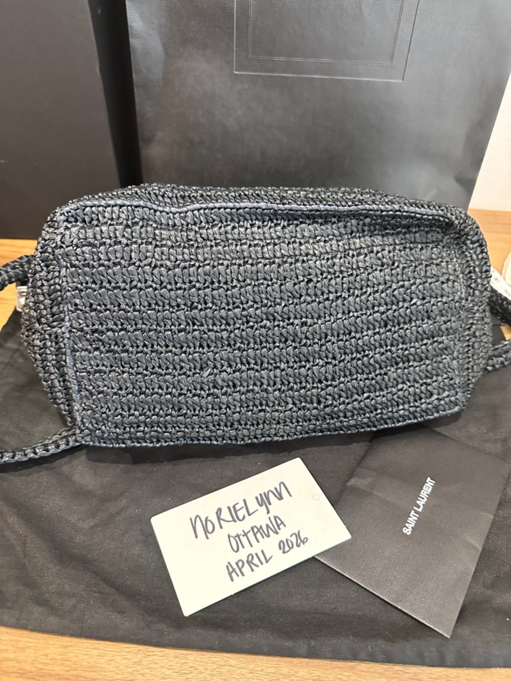 Saint Laurent Black Raffia Shoulder Bag with Contrast Cream Logo - Picture 11 of 16